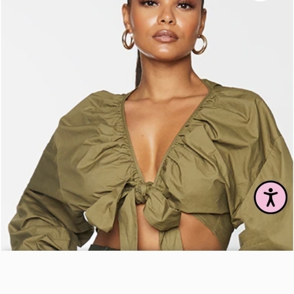 PLT,Khaki RuchedOlive Green Women's Tie-Front Top - Picture 3 of 6